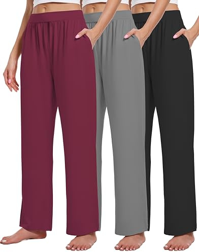Kivdol 3er-Pack Damen-Lounge-Hose, gemütlich, weites Bein, Loungehose mit Taschen, locker fließende Yoga-Jogginghose, Workout, Bequeme Jogginghose, Schwarz/Dunkelgrau/Weinrot, XX-Large