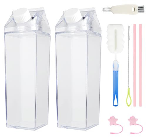 JINGIHE Lot de 2 bouteilles d'eau carrées en plastique transparent avec couvercles - Petite carafe vide portable pour sports d'intérieur et d'extérieur - 500 ml