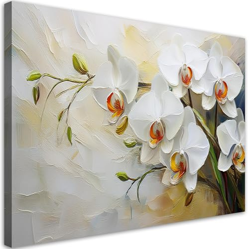 Feeby Leinwand Bilder - Weiß gemalte Blumen - Canvas 60x40 cm - Deko Wohnzimmer - Wandbilder Schlafzimmer - Deko Aesthetic - Wand Deko - Leinwand Groß - Deko Zimmer - Leinwandbilder XXL