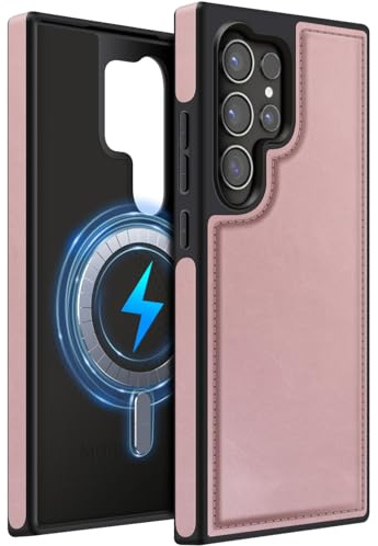 MOBESV Lederhülle für Samsung Galaxy S24 Ultra 6,8 Zoll, Magnetisch Handyhülle kompatibel mit MagSafe/Kabelloses Ladepad, Dünn Klassische Elegant Hülle, Rosa