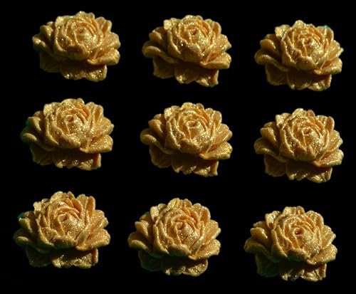 9 x Edible 3D Iced 40mm High Detail Gold Sparkle Roses Cupcake Toppers, Decorations Cake