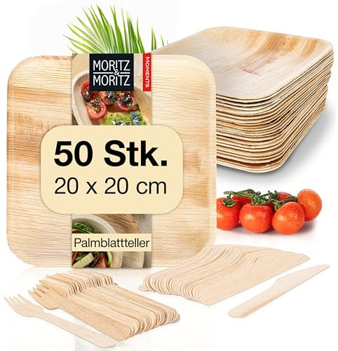 Moritz & Moritz Nachhaltiges Palmblatt Geschirrset für 50 Personen - 50 Teller Einweg 20 x 20 cm - 50 Holzbesteck Einweg - Alternative zu Bambusteller und Bambus Geschirrset