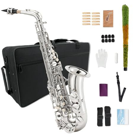 Yinfente Saxofón plano con 10 lengüetas, 8 almohadillas, funda rígida y más, para estudiantes, principiantes, adultos, saxofón alto, kit de saxofón (plateado)