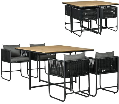Outsunny Salon de Jardin Ensemble Table et Chaise de Jardin 5 pièces avec 1 Table et 4 fauteuils Contemporain 8 Coussins Table en Composite Plateau Aspect Bois Naturel