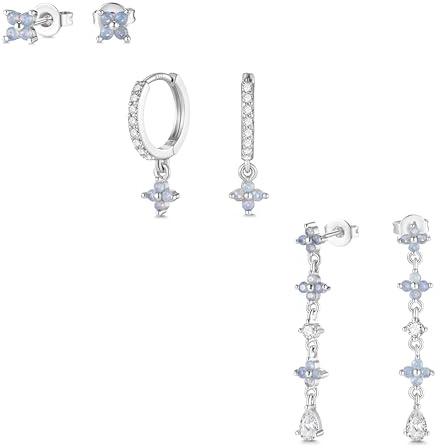 MACACHII 3 Paar Blau Blumen Hängend Ohrringe Kleine Ohrstecker Silber 925 Creolen Set für Damen 14 Karat Vergoldet Wasserfest Hypoallergene Stapelbar Schmuck Mehrere Piercings Ohr für Mädchen