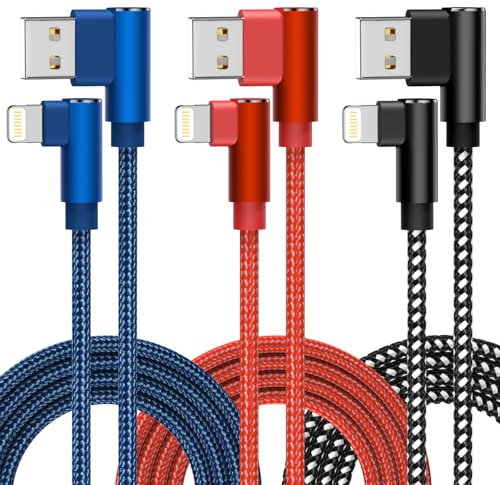 iPhone Charger 10ft 3 Pack Apple MFi Certified Lightning Cable 90 Degree Fast Charging Cord, Nylon Braided USB Charging Cable Compatible with iPhone 14 13 12 11 Pro Max XR XS X 8 7 6 Plus SE