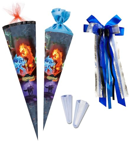 Nestler Schultüten-Set zum Befüllen, Handgemachte Zuckertüte aus Karton - Motiv Schleich Eldrador Creatures 2, Schultüte, Spitzenschutz, Schleife (orange, 85 cm 6-eckig)