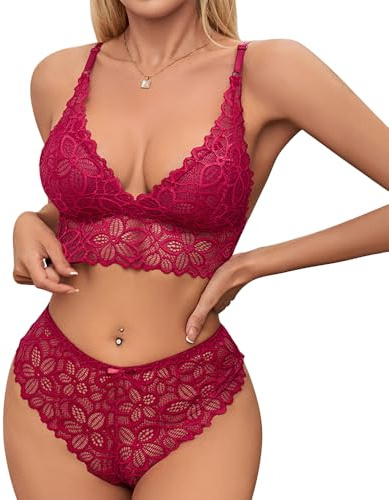 Satohom Sexy Lingerie for Women Sets 2 Piece Babydoll Naughty Floral Lace Bra and Panty Set Plus Size Underwear Push Up Pad Bralette Sleepwear Triangle Cup French Adjustable Lingerie Pjs S-L