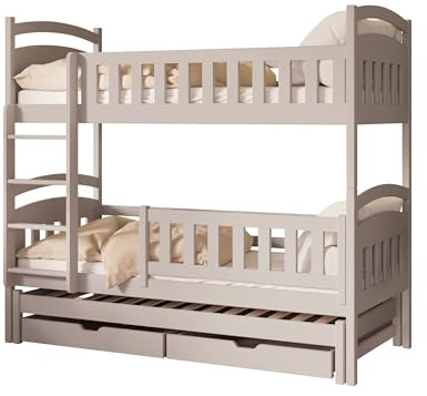 Mirjan24 Etagenbett Kigaru, Hochbett mit 2 Schubladen, Etagenbett 3 Personen, Kinderbett mit Lattenrost, Stockbett für DREI Kinder, Bettrahmen aus Kiefernholz, Kinderzimmer (Cashmere., 80 x 180 cm)