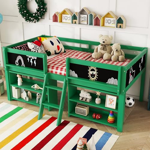 OurLeeme Kinder Halbhochbett, Hochbett Jugendbett mit Stauraum und Rausfallschutz Holzbett mit Lattenrost zur Aufbewahrung Geländer Leiter Massivholz Kiefer ohne Matratze, Grün 90 * 200cm