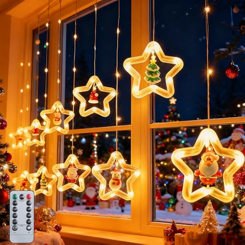 Cortina de Luces Navidad, 100 LED Estrellas Guirnaldas Luces con Mando a Distancia, 8 Modos Guirnalda Luz Impermeable, Alimentación por USB Decoración Navidad para Ventana Dormitorio Salón Fiestas