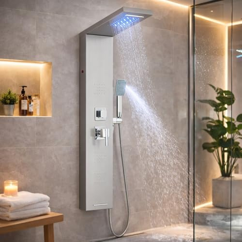 TVTIUO Duschsystem mit LED, Hydromassage-Säule mit 5 Funktionen,Massagedüsen,Handbrause und Wasserfall Wanneneinlauf,Duschpaneel aus Edelstahl, gebürstete Oberfläche.