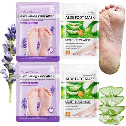 4 Paires Masque Pied Hydratant, Masque Pieds Exfoliant et Nourrissant, soin des pieds, pour Callosités, Crevasses et Pieds Secs et fendillés(2 paires Aloe vera + 2 paires Lavande)