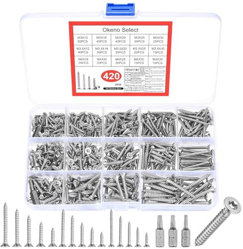 Okeno Select 420 Stück M3 M3,5 M4 Selbstschneidende Schrauben Set, Edelstahl Holzschrauben Set Torx Schrauben Sets, Spanplattenschrauben Blechschrauben Sortiment, Metrische Schraubenset