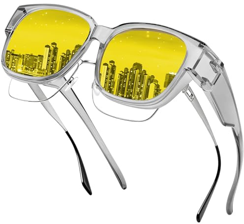 Farrobor Nachtfahrbrille für Brillenträger - Polarisierte Nachtsichtbrille Überzieh Sonnenbrille Gelbe Gläser für Herren Damen Autofahrer Night Vision Goggles