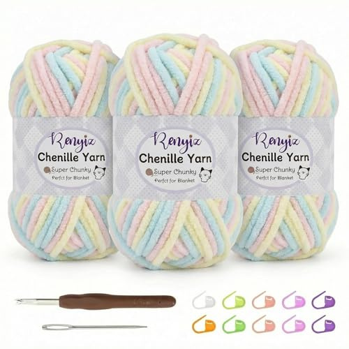 Renyiz Grobes Chenille-Garn zum Häkeln, 3 Knäuel, Chenille-Wolle (je 100 g), weiches, flauschiges, dickes Garn, 6 mm Häkelnadel im Lieferumfang enthalten, für Anfänger, DIY-Decken (Marshmallow-3)