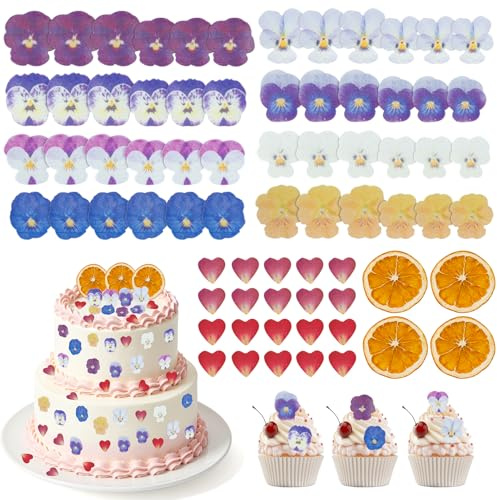 72PCS Getrocknete Blumen,Natürlich Essbare Blumen für Torte Cocktails | Trockenblumen Torte mit Stiefmütterchen,Getrocknete Orangenscheiben,Blütenkonfetti,Gepresste Blüten für Tortendeko