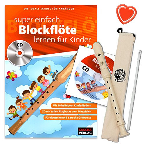 Blockflöten Set: Flötenlilli Blockflöte ( deutsche Griffweise ) + Blockflötenschule für Kinder - die ideale Schule für Anfänger mit CD, Grifftabele und bunter herzförmiger Notenklammer