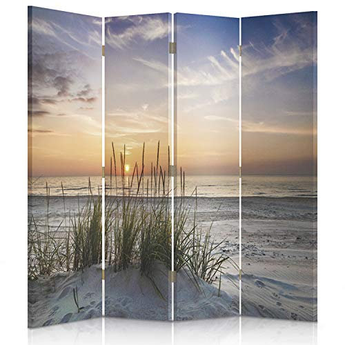 Feeby Paravent Sonnenuntergang Strand 145x180 cm 4 Teilig Modern Design Einseitig Raumteiler Wandschirme Foto Trennwand Raumtrenner Sichtschutz Spanische Wand auf Leinwand Bedruckt Meer Orange