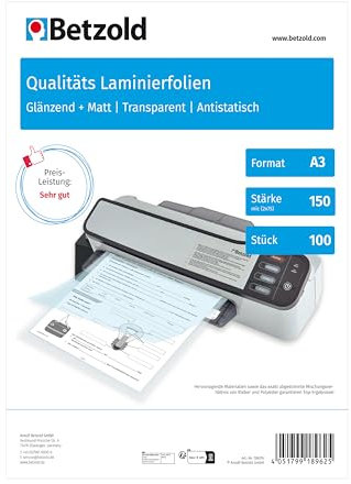 Betzold - 100 x DIN A3 Laminierfolien - Laminieren Schulbedarf Bürobedarf Laminiertaschen 150 mic 250 micron