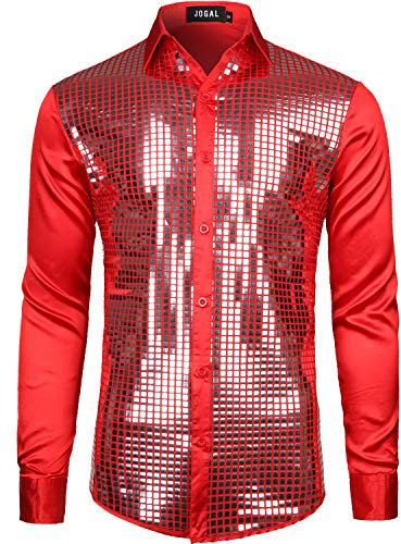 JOGAL Herren Pailletten Hemd 70er Langarm Disco Party Kostüm Large Rot