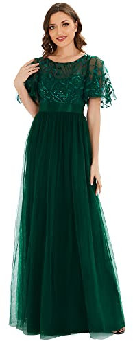Ever-Pretty Damen Rundhalsausschnitt Kurze Ärmel Pailletten Tüll Elegant Maxi Partykleider Dunkelgrün 42