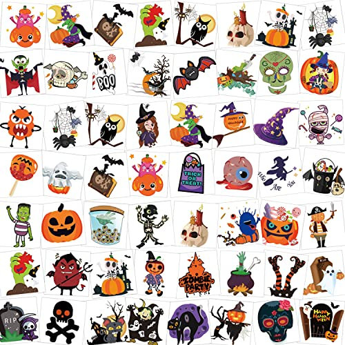 HOWAF Tatuajes Halloween niños, 96 Hojas Tatuajes Temporales Halloween de Cara, Calcamonias Tatuajes Halloween para niños niñas Infantiles Fiesta de Halloween cumpleaños Regalo