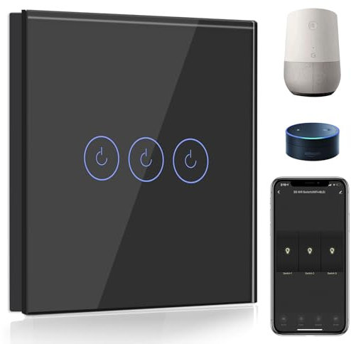 BSEED Smart Lichtschalter 3 Fach 1 Weg Wifi Smart Lichtschalter arbeitet mit Amazon Alexa and Google Home,Touch Wandschalte Glas Touchscreen-schalter Schwarz(Erforderlich NeutralDraht)