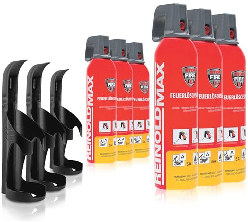 XENOTEC Premium Feuerlöschspray – 6 x 750ml – 3 Wandhalter - Stopfire – Autofeuerlöscher – REINOLDMAX – inklusive Wandhalterung schwarz – wiederverwendbar