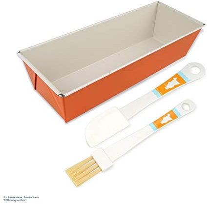 Dr. Oetker Kastenform-Set DieMaus, eckige Backform 30 cm, Pinsel zum Backen, Teigschaber aus Kunststoff, Teigspachtel & Kunststoffpinsel mit Maus-Motiv, hochwertige Kuchenform, Menge: 1 x 3er Set