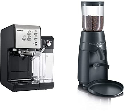 Breville Prima Latte II Espresso | Milchkaffee- und Cappuccinomaschine | Professionelle 19-Bar-Pumpe und Milchaufschäumer | Silber [VCF108X] & Graef Kaffeemühle CM 702