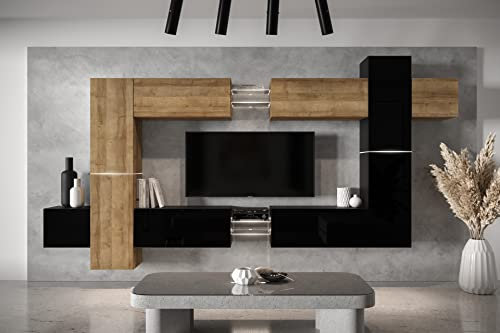Furnitech Wohnwand Wohnzimmer - Möbel mit LED Weiß - Hängend Wohnwand Modern - Wohnzimmer Schrankwand mit Regale und TV Schrank (AN91NEW-21DZB-HGM27)