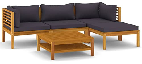 Gartenmöbel Set, Robustes Massivholz Akazie mit Ölfinish und dicken abnehmbaren Kissen in Dunkelgrau, 5-teilig für Terrasse, Garten oder Balkon