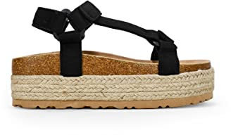 BOSANOVA Sandalias Deportivas confeccionadas en Ante con Suela de Plataforma de 5.5 cm en Esparto. Cierre de Pulsera al Tobillo con Velcro. Calzado para Mujer Negro 36