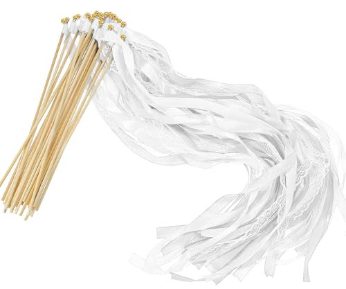 30 Stück Wedding Wands,Romantic Spitze Stäbe mit Hochzeitsbändern,Seidenfeenstab,Zauberstäbe mit Band Glocken,Gastgeschenke für Partys,Hochzeit Geburtstag Party