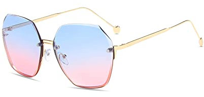 LumiSyne Übergroße Randlose Sonnenbrille Damen Hexagonal Diamant Schneiden Linse Metall Rahmen Transparent Farbverlauf Gläser UV 400 Blendschutz Schatten Mode Brille Outdoor Reisen