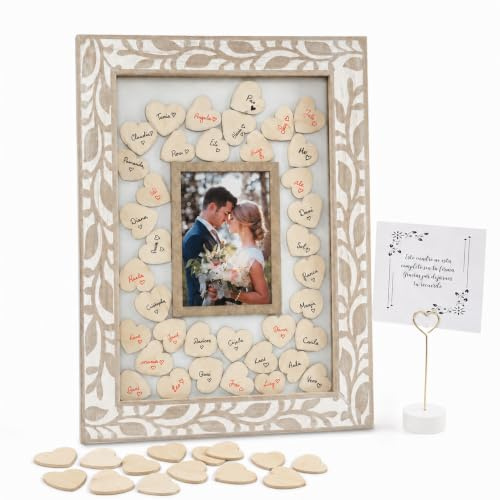 Didart Handmade Libro de Firmas Boda: Cuadro con 80 Corazones de Madera. | Personalizable con foto.
