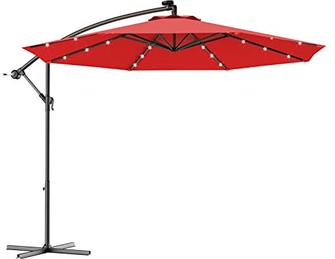 Giantex 300 CM Parasol, Parasol de Jardin avec Eclairage Solaire LED, Parasol Ampli Inclinable avec Support en Fer, Parasol en Polyester pour Jardin Extérieur, Terrasse, Piscine
