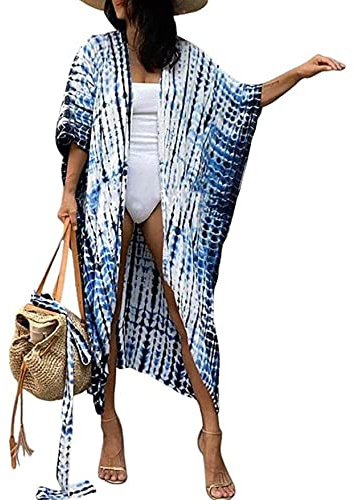 HYUET Copricostume da Bagno Donna Mare, Elegante Kimono Lungo Tie Dye Donna Estivo Abito da Spiaggia Bikini Cover Up Cardigan Maniche Lungo Vestito Boho Kaftan Tunica Top per Vacanza