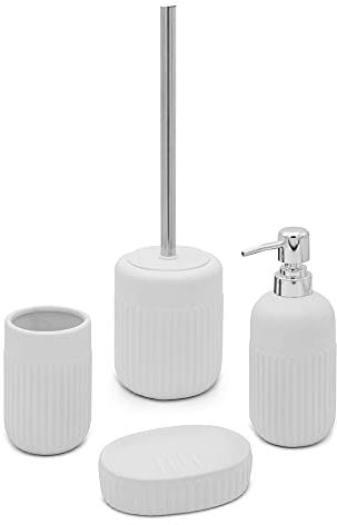 Set Bagno Accessori Completo – 4 Pezzi, Kit Accessori appoggio Bianco, Include Dispenser, portaspazzolini, portasapone e scopino WC, Linea Cup