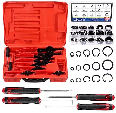 Glarks 225Pcs Heavy Duty Snap Ring Pliers Set, Straight & Bent Jaw Pliers and Internal External Circlip Snap Retaining Clip Rings and Metric Rubber O-Rings with Removal Hooks Assortment Kit
