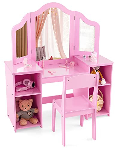 COSTWAY 2 in 1 Kinder Schminktisch Schreibtisch mit abnehmbarem Spiegel, Frisiertisch Mädchen mit offenen Fächern, Frisierkommode Holz, Schminkkommode (Mit Stuhl, Rosa)