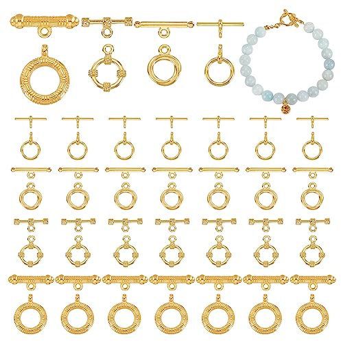 PandaHall Schmuckverschlüsse aus 24K Gold, 4 Stil T Bar Schnalle Verschluss Endverschlüsse Tibetische Legierung Schmuck Verschlüsse für Halskette Armband Schmuckherstellung DIY Handwerk, 32 Sets