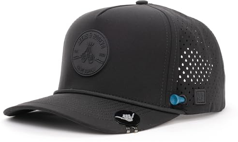 BRIMZ Golf Performance Hat – Built-in Tee Holder & Magnetic Ball Marker Hat Clip – Breathable, Sweat & Water Resistant 5-Panel Snapback (Black - Beers & Bogeys)