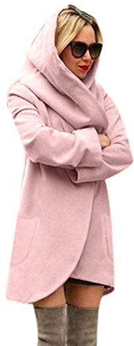 Damenjacke – Damen Wolljacke mit Kapuze, dünn, lockerer Mantel, lässig, Hoodie, Jacke, Oberteil, Regenmantel, Rosa, 36