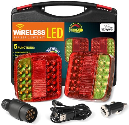 D-TECH Kit de feux arrière de remorque magnétique sans fil 12V/24V approuvé ECE EMC pour remorque tracteurs, caravane,Rechargeable feux arrière de remorque sans fil,kit éclairage arrière feu led wifi