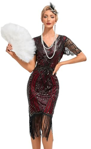 Viloree VILOREE 1920s Kleid Damen Flapper Charleston Kleid Gatsby Pailletten Cocktail Abschlussballkleid Party Kostüm Kleid Schwarz & Rot (55) S