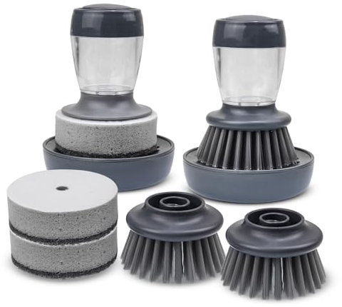 Dish Brush with Soap Dispenser, Dishwashing Heavy Duty Sponge Scrubber Refills Replacement Head, Kitchen Scouring Pad Wipes Scrub Cleaning Brush with Tray for Cleaning Sink, Pots, Pans Grey - 8 Pack