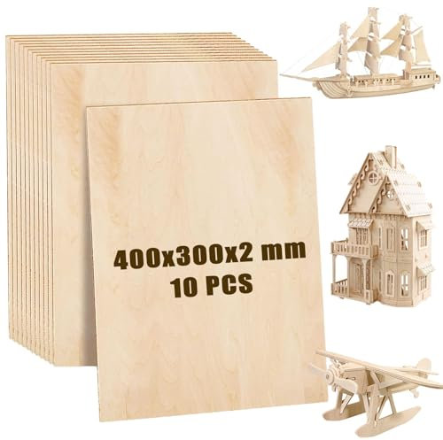 MUXHEL 10PCS 2mm Plywood Sheets 400x300x2mm Basswood Sheets Unfinished A3 Plywood Sheets for Crafts, Arts, Painting, DIY & Engraving