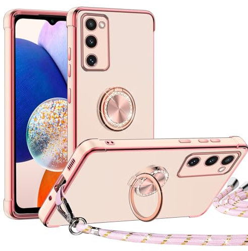 TUUTPU Handykette für Samsung Galaxy A14 4G/5G Hülle mit Band, Herz Muster Handyhülle mit 360° Ring Ständer Dünn Silikon TPU Stoßfeste Schutzhülle mit Abnehmbar Kordel zum Umhängen mit Schnur, Rosa